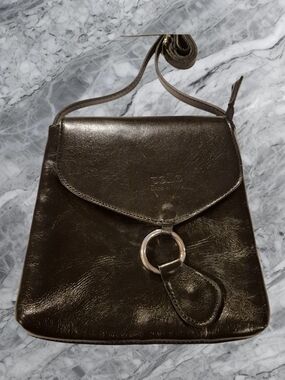 Pelle Black Italian Leather Crossbody with Ring Accent And Snap Closure